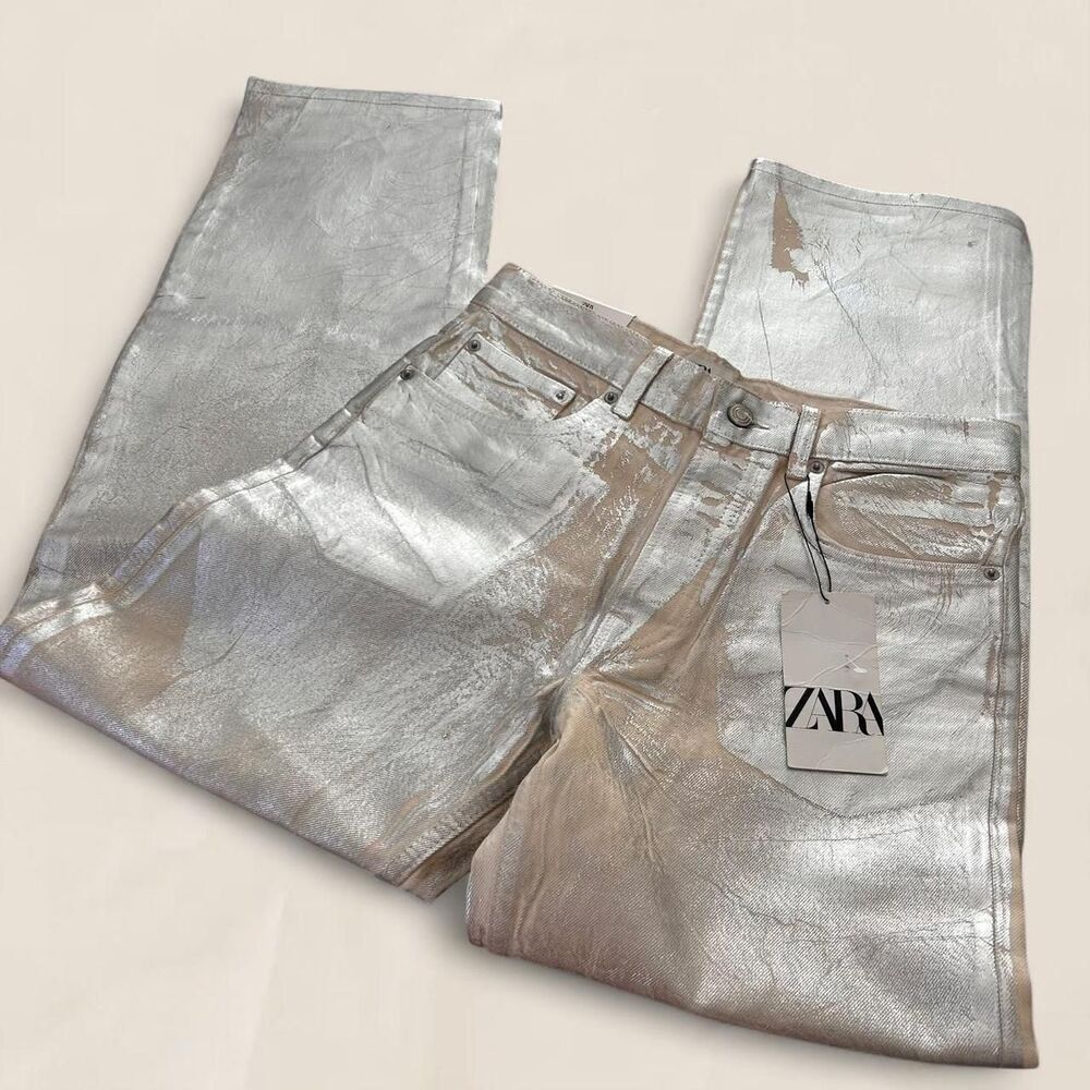 Zara Silver Relaxed Fit Straight Leg Mid Rise Boyfriend Jeans | Size 6 - Picture 4 of 8
